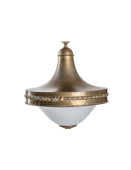 Hanglamp glas, koperen houder over wit glazen kap, ca. 1930