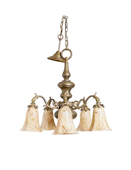 Antieke hanglamp, 5 armen, geel gemarmerd glas