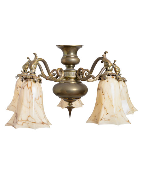 Antieke hanglamp, 5 armen, geel gemarmerd glas