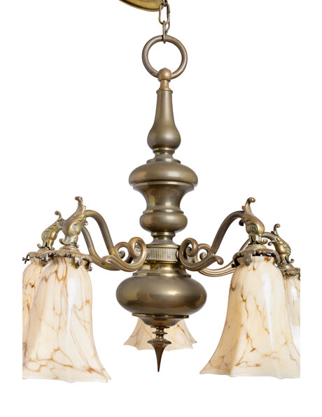Antique hanging lamp, 5 arms, yellow marbled glass