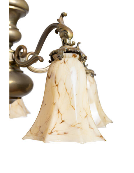 Antieke hanglamp, 5 armen, geel gemarmerd glas