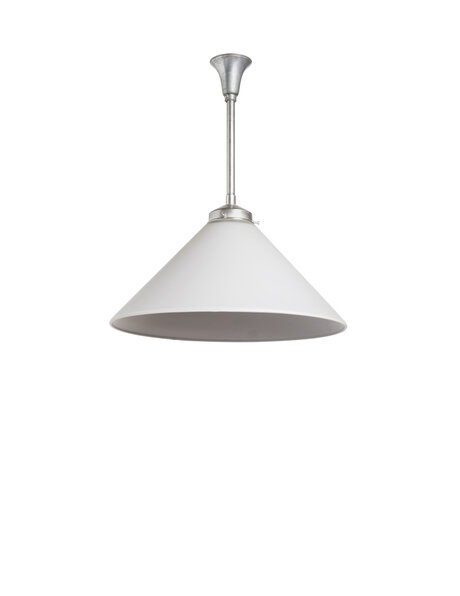 Hanging lamp, timeless, grey glass shade on a silver rod