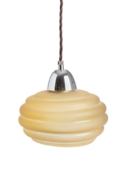 Small Hanging Lamp, Ocher Colored Glass on Brown Cord