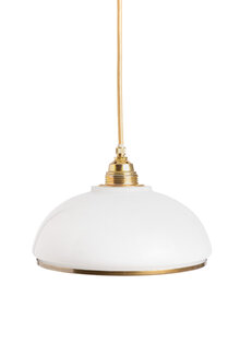 White Hanging Lamp, Half Sphere, Brass Rim
