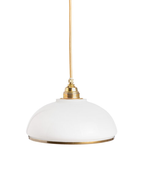 Glazen hanglamp, witte kap met messing rand