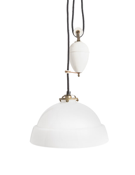 Oude hanglamp, porseleinen pendel, wit glazen kap