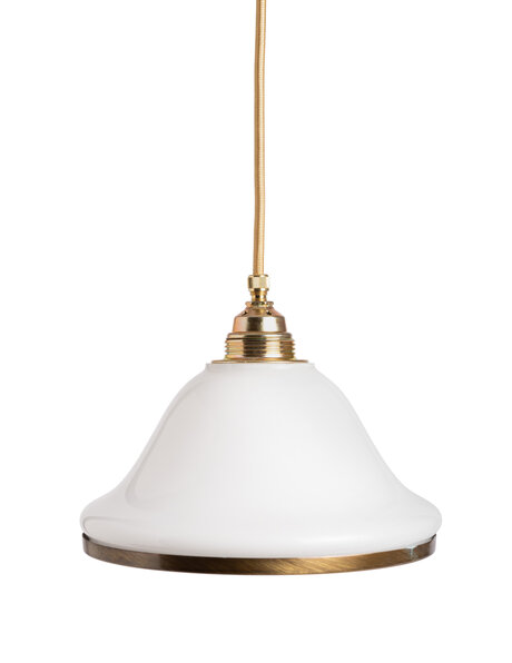 Witte hanglamp, glazen kap met messing rand