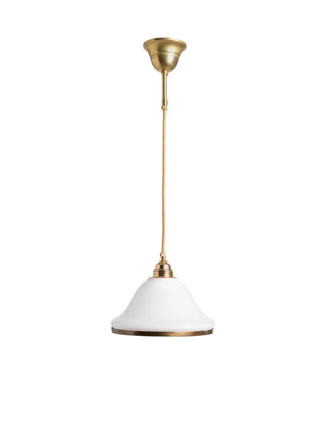 White hanging lamp, glass shade with brass edge