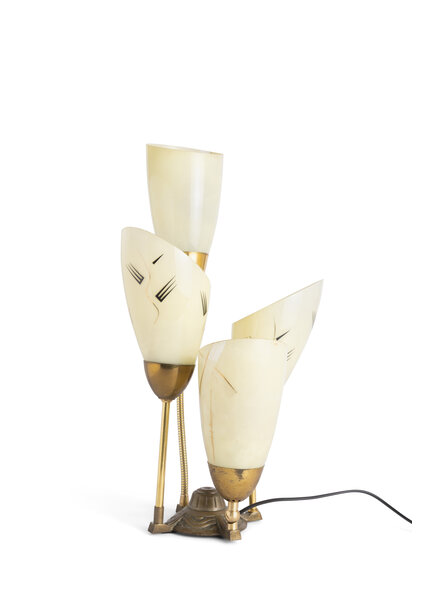 Messing Tafellamp met Tros Glazen Kapjes, Jaren 50