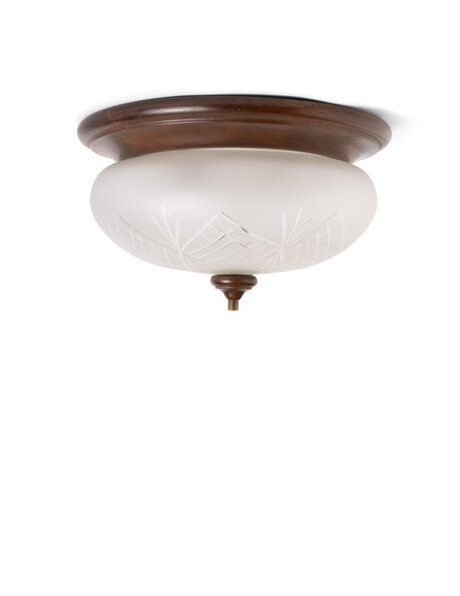 Oude plafondlamp, geslepen glas met hout