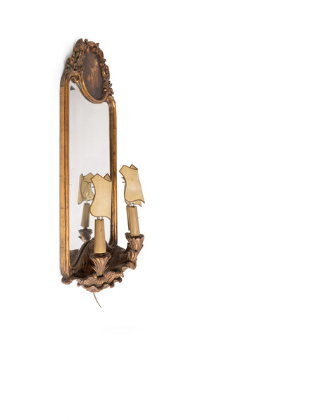 Large antique wall lamp, wood and glass