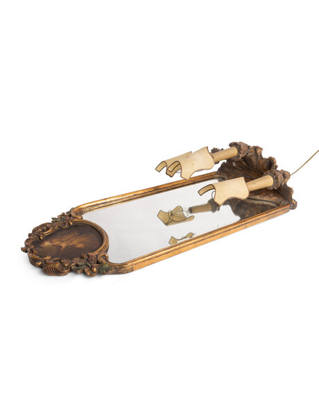 Large antique wall lamp, wood and glass