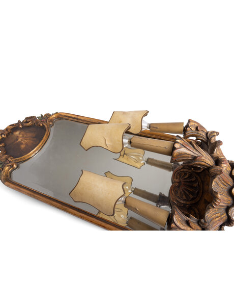 Large antique wall lamp, wood and glass