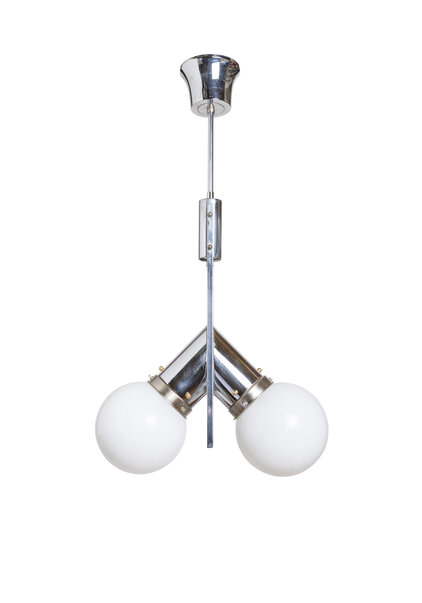Art Deco Pendant Lamp, White Glass, Chrome Fixture