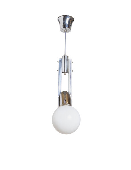 Jaren 30 hanglamp, wit glas en chroom