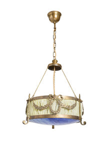 Brocante Hanging Lamp with Blue Glass, 1930s