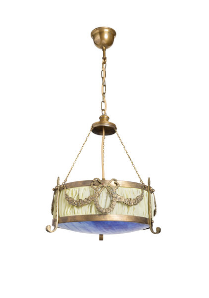 Brocante Hanglamp met Blauw Glas, jaren 30