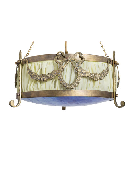 Brocante hanglamp, blauw glas