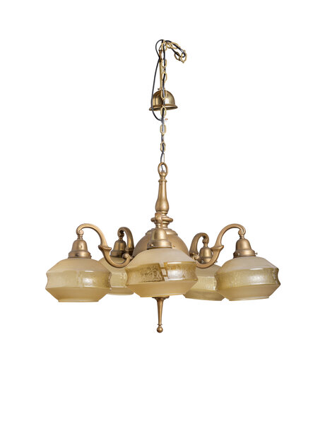 Old hanging lamp, 5 arms, ochre-colored glass