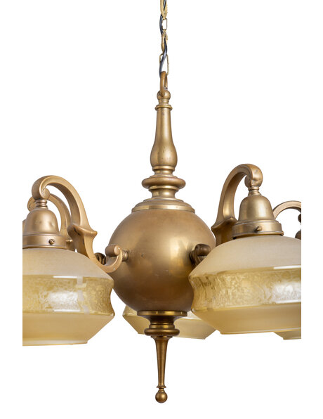 Oude hanglamp, 5 armen, okerkleurig glas