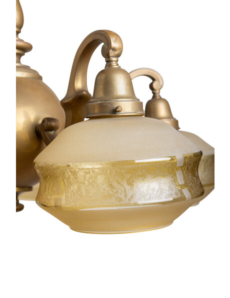 Old hanging lamp, 5 arms, ochre-colored glass