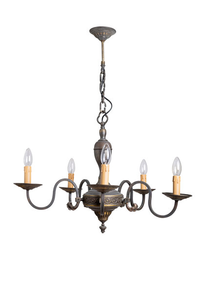 Oude Luchter aan Ketting, 5 armen, Gebruineerd, Jaren 30