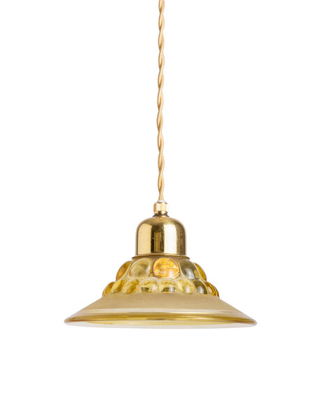 Kleine vintage hanglamp, plat bruin glazen kapje