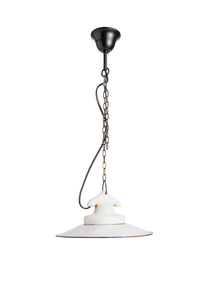 Industrial Pendant Lamp, Gray Enamel on Chain, 1940s