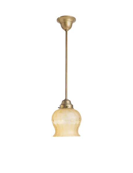 Oude hanglamp, messing pendel, oker glas