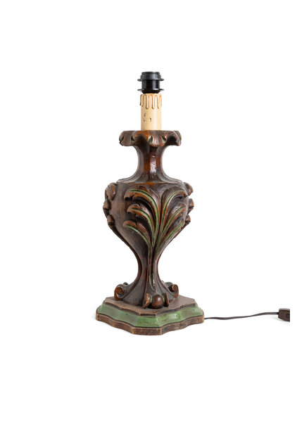 Robust Table Lamp, Coarse Wood Carving with Candle, 1950s