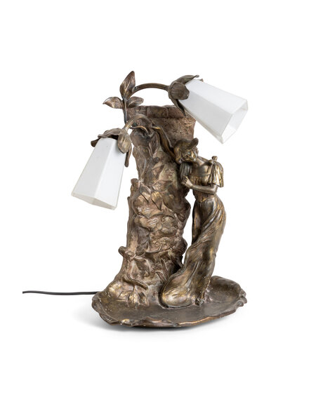 Oude tafellamp, jugendstil vrouw met bloemen