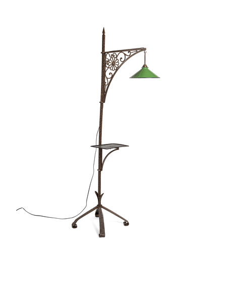 Wrought iron floor lamp, green enamel