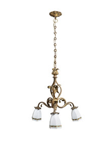 Brocante Hanglamp, Wit Glazen Kapjes, Bloemprint, Jaren 30