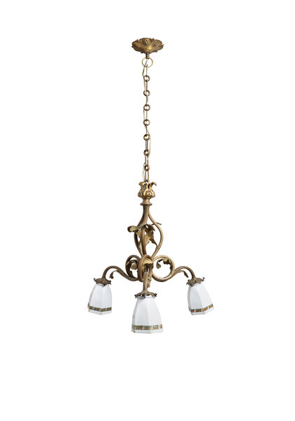 Brocante Hanglamp, Wit Glazen Kapjes, Bloemprint, Jaren 30