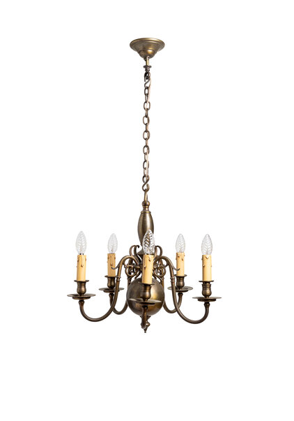 Brownish Brass Chandelier with 5 Arms, 1940s