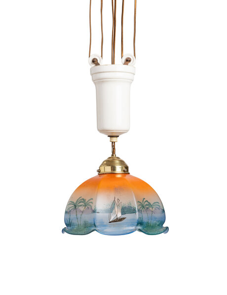 Oude hanglamp, tropisch landschap met boot