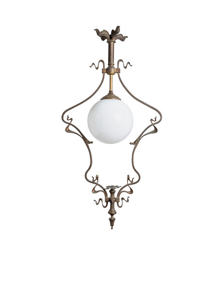 Art Nouveau hanglamp, messing en wit glas
