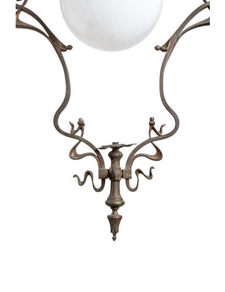 Art Nouveau hanglamp, messing en wit glas