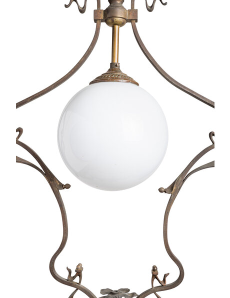 Art Nouveau pendant lamp, brass and white glass