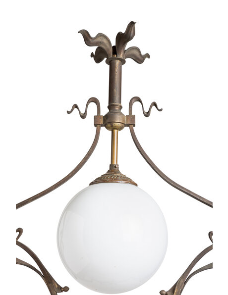 Art Nouveau hanglamp, messing en wit glas