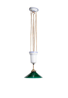 Pendant Lamp on Pull Pendant, with Authentic Green Glass Lampshade