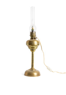 Antique Oil Lamp, Gold-Colored Brass, Electric Made