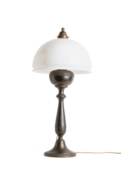 Large Old Table Lamp with White Glass Shade, 1940s