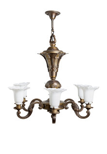 Brocante Hanglamp met Zes Wit Glazen Kappen, Jaren 30