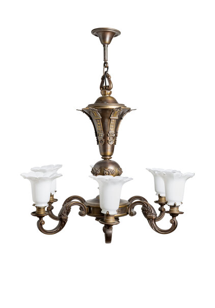 Brocante Hanglamp met Zes Wit Glazen Kappen, Jaren 30