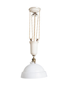 Witte Hanglamp, Glas met Porseleinen Trekpendel, jaren 30