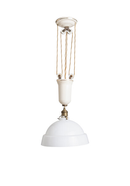 White Pendant Lamp, Glass with Porcelain Pull Pendant, 1930s