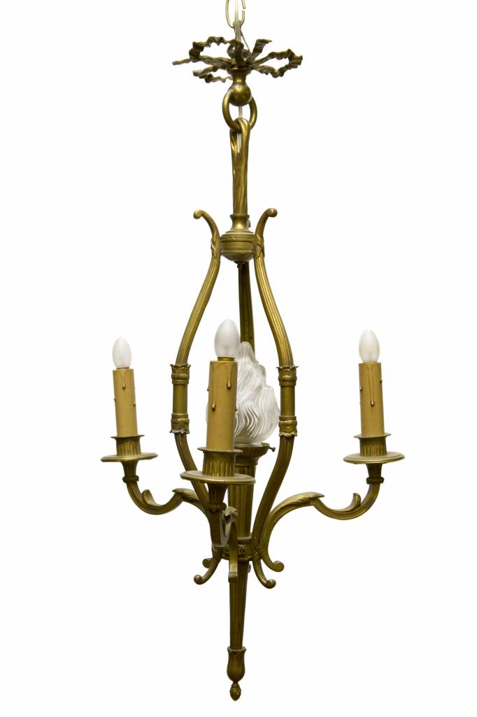 sirene Simuleren Oordeel Luster, brons armatuur met glazen kap en kaarsen, ca. 1920 - Lamplord