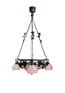 Pink Art Deco Hanging Lamp, Glass in Fer Forge, 1930s