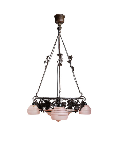 Grote Art Deco hanglamp, roze glas